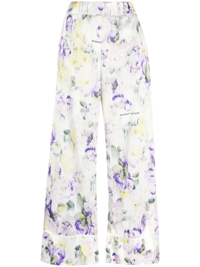 Off-white Palazzo Trousers With Floral Print In Multicolore
