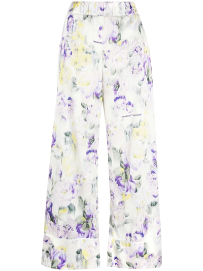 Off-white Palazzo Pants With Floral Print In Multicolore