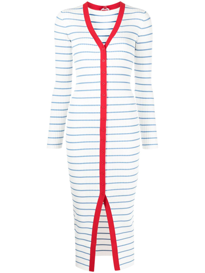 Staud Shoko Striped Ribbed-knit Midi Dress In White Sky Tomato