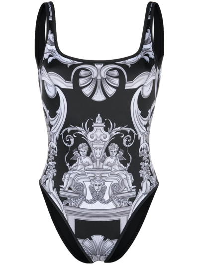 Versace One Piece Swimsuit With Double Face Print In Black