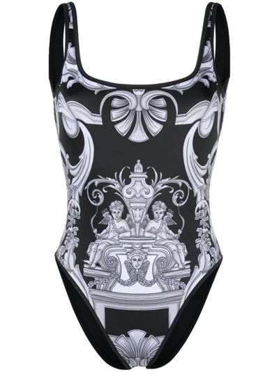 Versace One Piece Swimsuit With Double Face Print In Schwarz