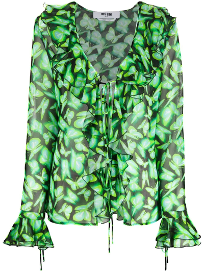 Msgm Green Graphic-print Ruffle-detail Blouse