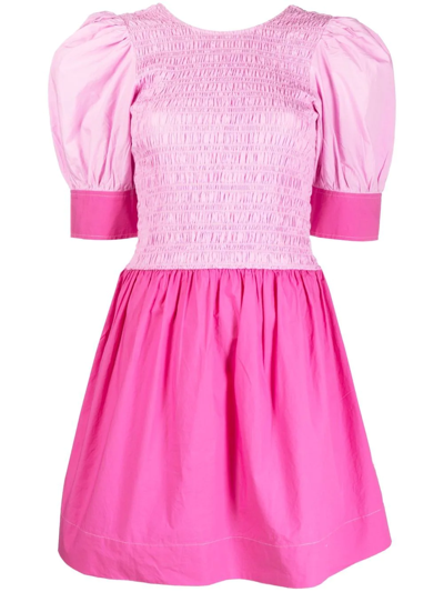 Ganni Pink Puff Sleeve Organic Cotton Dress | ModeSens