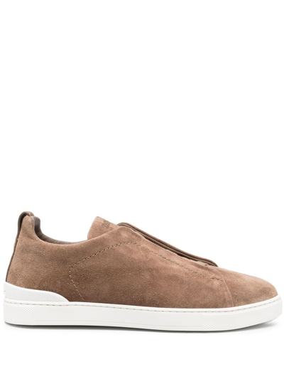Zegna Triple Stitch Suede Low-top Sneakers In Camel