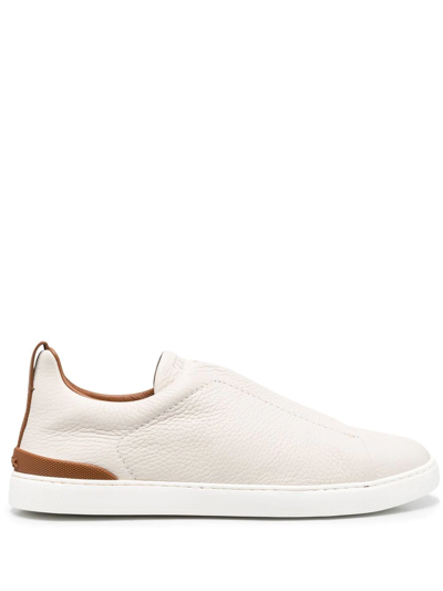 Zegna Dust White Cotton Linen And Leather Triple Stitch Sneakers