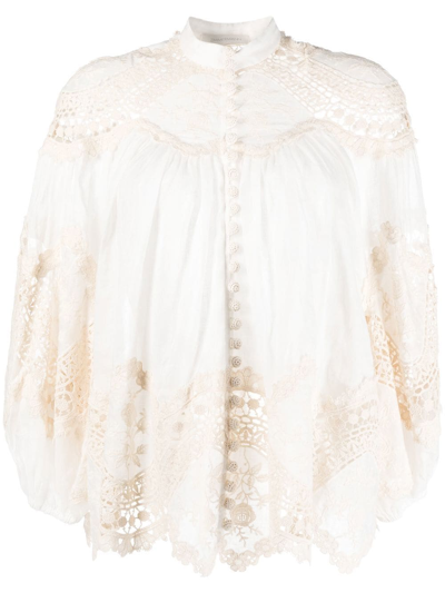 Zimmermann Pattie Gathered Crochet-trimmed Embroidered Ramie Blouse In Multi-colored