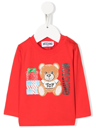 Moschino Babies' Teddy Bear-print Long-sleeve T-shirt In Rosso
