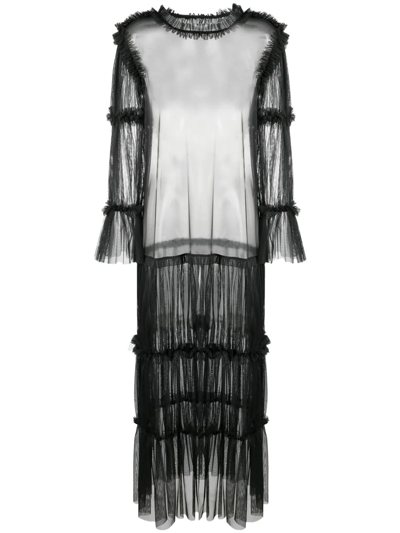 Mm6 Maison Margiela Sheer Long-length Ruffle-trim Blouse In Schwarz