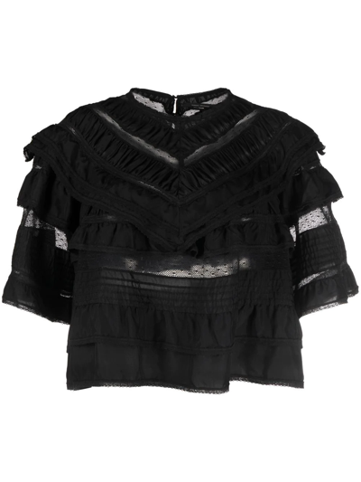 Isabel Marant Cielo Ruffled Crocheted Lace-paneled Cotton-poplin Blouse In Black