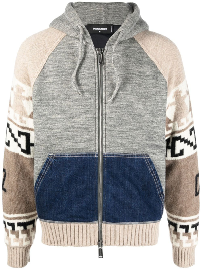 Dsquared2 Intarsia-knit Zip-up Hoodie In Grau