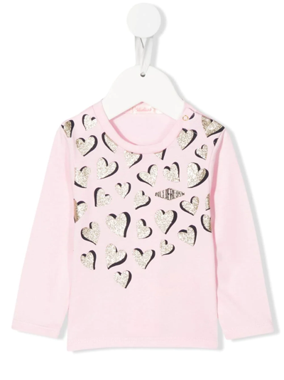 Billieblush Babies' Glitter-heart Long-sleeve T-shirt In Rosa