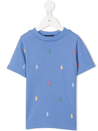 Ralph Lauren Kids' All-over Embroidered Logo T-shirt In Blue