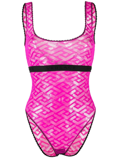 Versace Greca-print U-neck Bodysuit In Pink