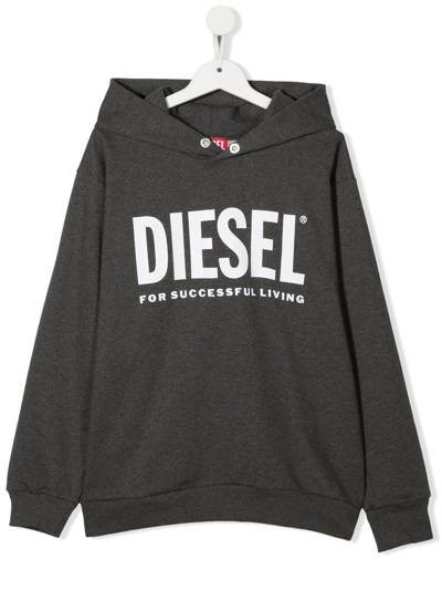 Diesel Teen Logo-print Cotton Hoodie In Grey