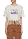 Ganni Postcard Print Fringed Cotton Blend Cropped T-shirt In Neutral