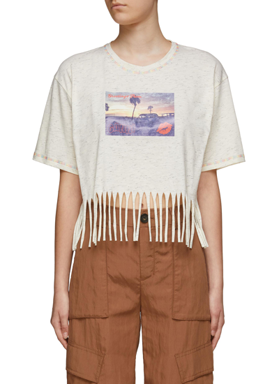 Ganni Postcard Print Fringed Cotton Blend Cropped T-shirt In Neutral