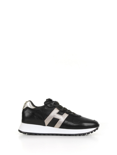 Hogan H383 Sneaker With Laminated Leather Details In Platino/nero