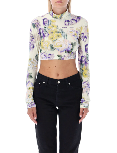 Off-white High Neck Crop Top With Floral Print In Multicolore