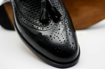Pre-owned Handmade Men  Shoes Black Leather Brogue Wingtip Slip On Tassel Formal Loafers