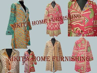 Pre-owned Handmade 5pc Indian Vintage Kantha Dressing Gown  Cotton Reversible Jacket Women Long Coat
