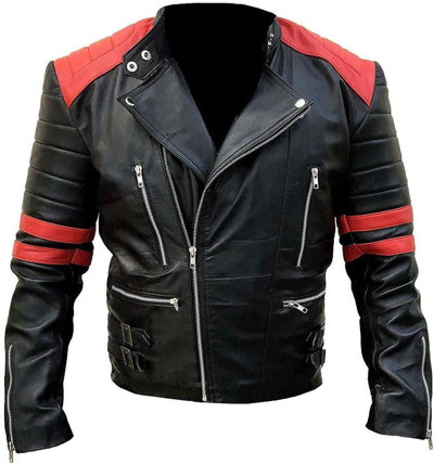 Pre-owned Black Men's Classic Design Brando Red And  Motorcycle Genuine Leather Jacket