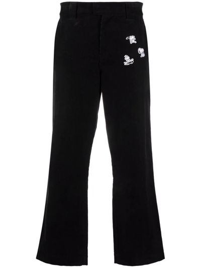 Soulland X Peanuts Embroidered-graphic Straight-leg Trousers In Black