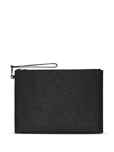 Saint Laurent Crocodile-embossed Leather Pouch In Black