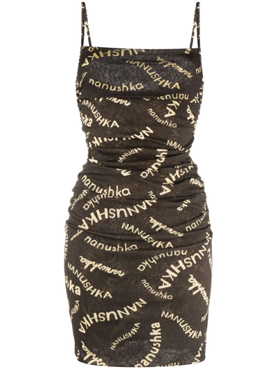 Nanushka Brown Adie Logo Ruched Mini Dress