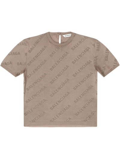 Balenciaga Beige Logo-print Cropped Knitted Top In Nude & Neutrals