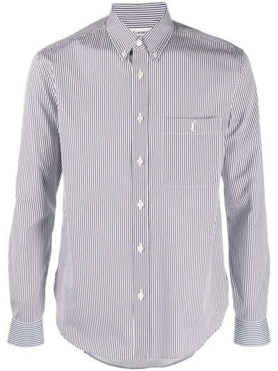 Saint Laurent Monogram Striped Shirt Patch Pocket In Blue