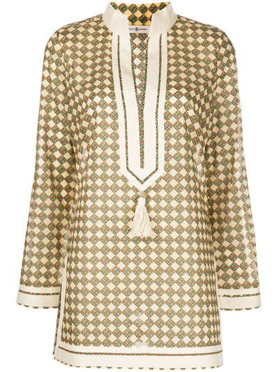 Tory Burch Geometric-print V-neck Cotton Tunic In 3d Checkered Logo Lime