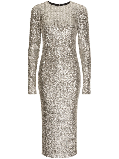 Dolce & Gabbana Silver Sequinned Long Sleeve Midi Dress In Metallic