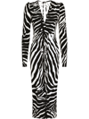 Dolce & Gabbana Ruched Zebra-print Crepe Midi Dress In Black