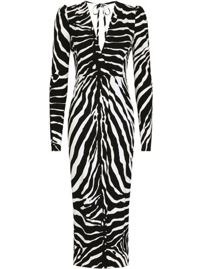 Dolce & Gabbana Zebra Print Viscose-blend Long Dress In Black