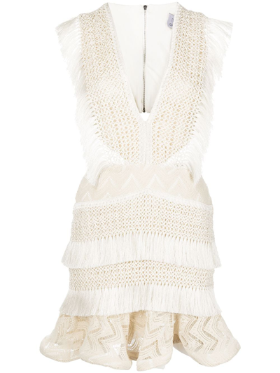 Patbo X Alessandra Ambrosio Plunge Fringe Trim Mini Dress In Beige