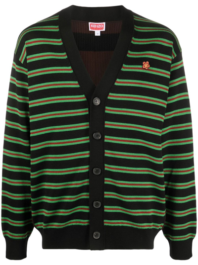 Kenzo Flower-embroidered Striped Cardigan In Green