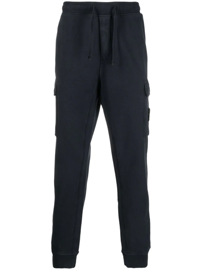 Stone Island Fleece Cotton Jogger Pants With Ribbed Cuffs In Blue