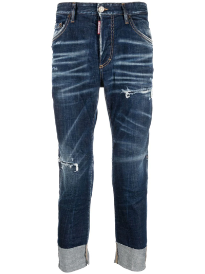 Dsquared2 Floral-embroidered Cropped Jeans In Blue