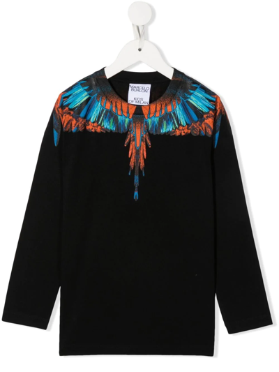 Marcelo Burlon County Of Milan Kids Black Travel Wings Long Sleeve T-shirt In Black Orange