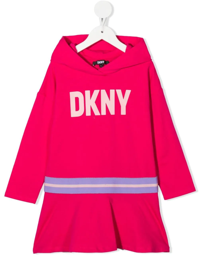 Dkny Kids' Girls Pink Hooded Logo Dress In Fuchsia
