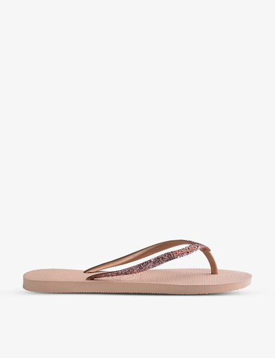 HAVAIANAS WOMENS PALE PINK SLIM GLITTER II EMBELLISHED RUBBER FLIP FLOPS,57995923