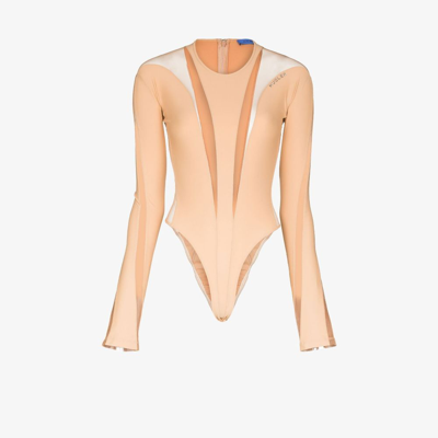 Mugler Panelled Long-sleeve Sheer Bodysuit In Neutrals