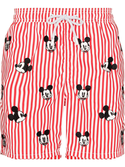 Mc2 Saint Barth X Disney Red Mickey Mouse Embroidered Striped Swim Shorts In Rot
