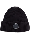 C.p. Company Blue Knit Beanie With Logo Plaque On The Front In Wool Man In Brown