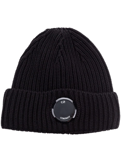 C.p. Company Blue Knit Beanie With Logo Plaque On The Front In Wool Man In Brown