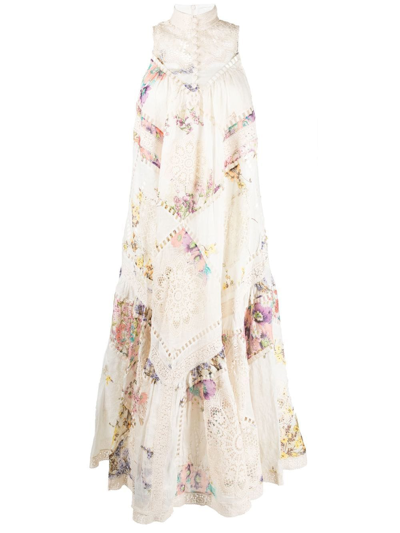 Zimmermann Jude Tiered Crochet-trimmed Floral-print Ramie Maxi Dress In White