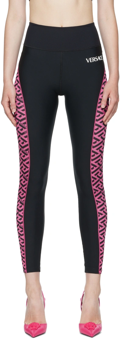 Versace Greca Signature Accent Gym Leggings, Female, Black+pink, 5