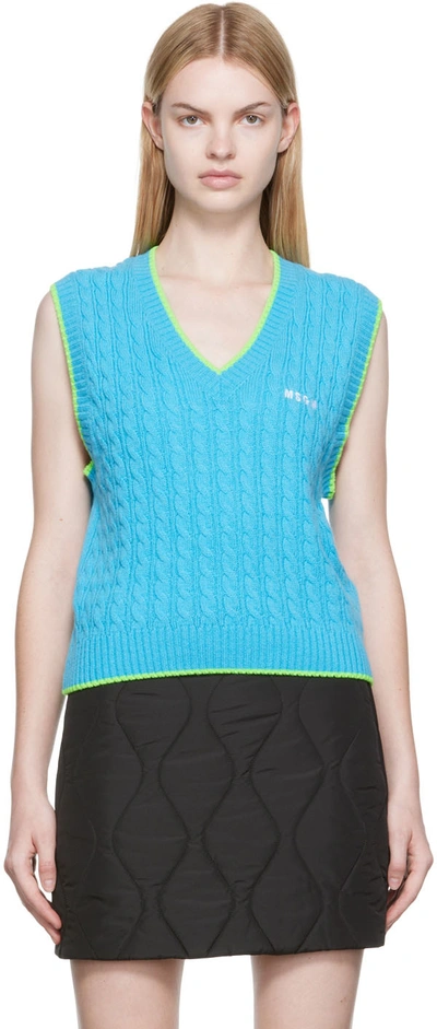 Msgm Embroidered-logo Knit Vest In Light Blue