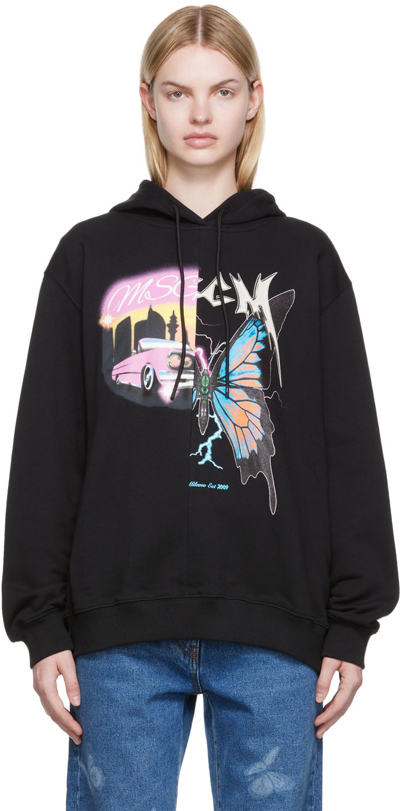 Msgm Butterfly Printed Cotton Jersey Hoodie In Black