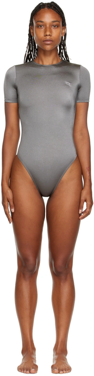 Balenciaga Short-sleeve Open-back One-piece Swimsuit In Dark Silver